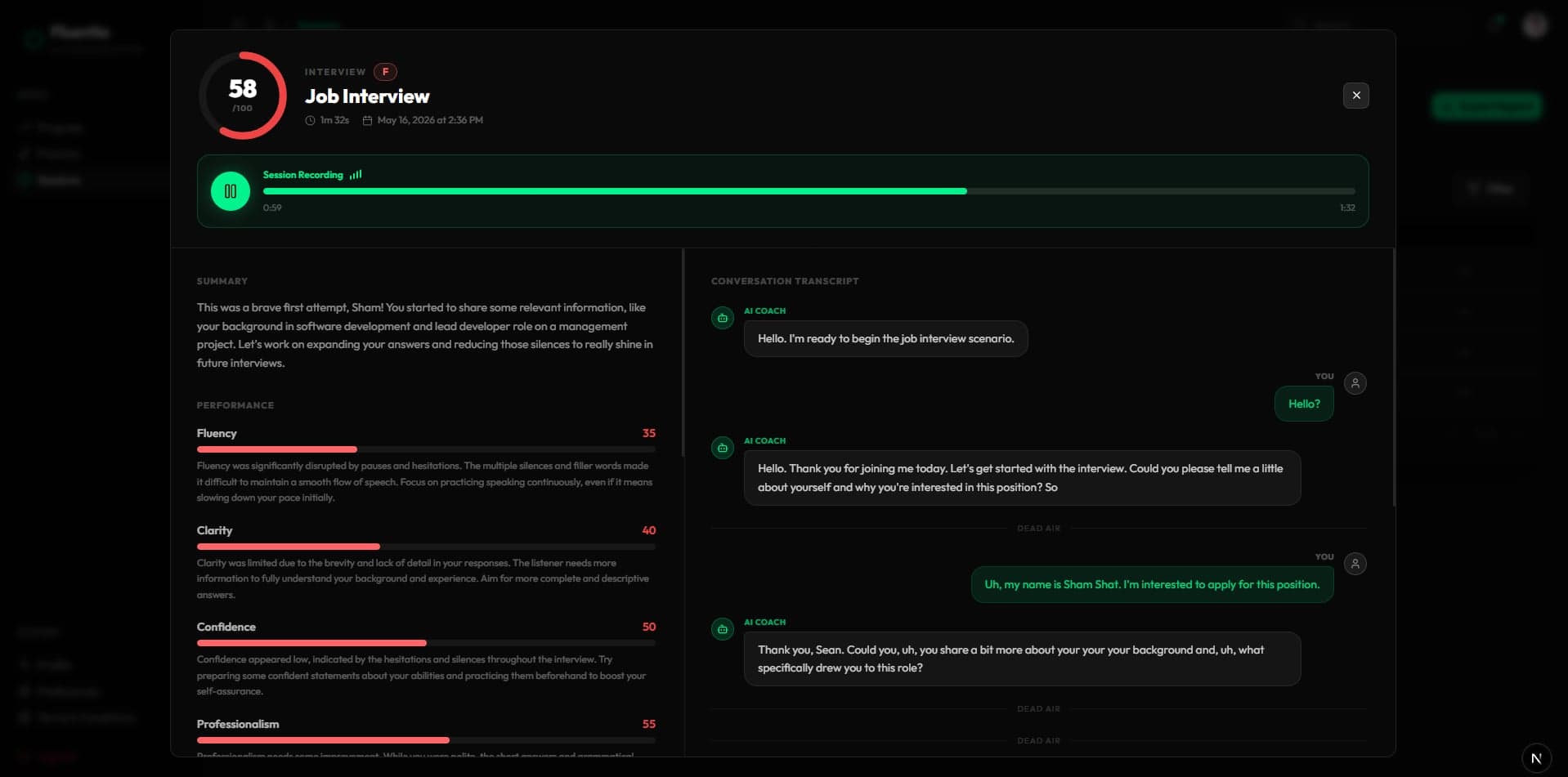 Fluentia session feedback dashboard showing transcript, performance scores and session metrics